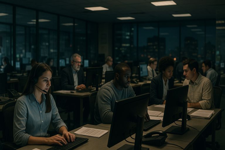 Late shift newsroom with glowing monitors