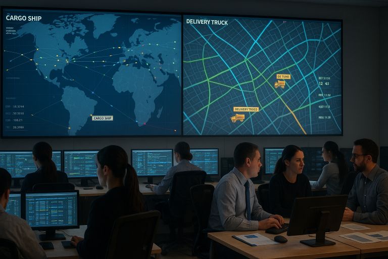 Wall of screens showing logistics maps