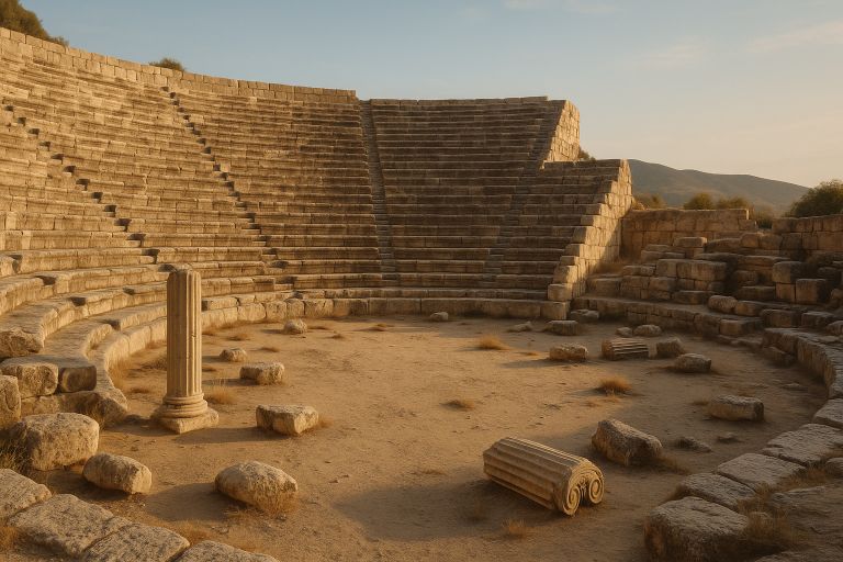 Sunlit stone tiers and fallen columns