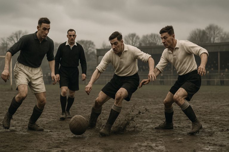 Mud-splashed footballers under grey sky