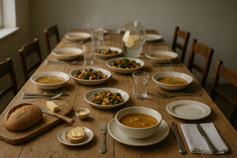 Steam rises from dishes on table