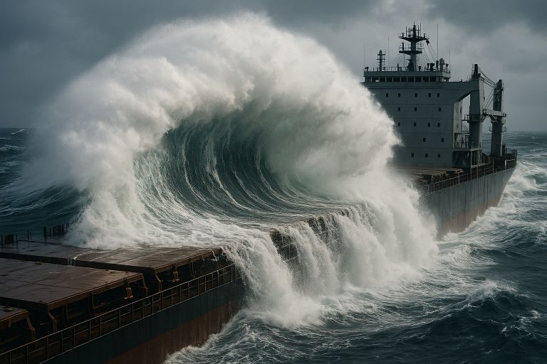 Wave crashes over a large ship