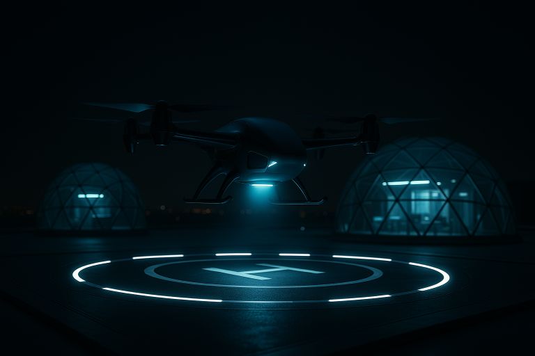Glowing drone landing on dark rooftop