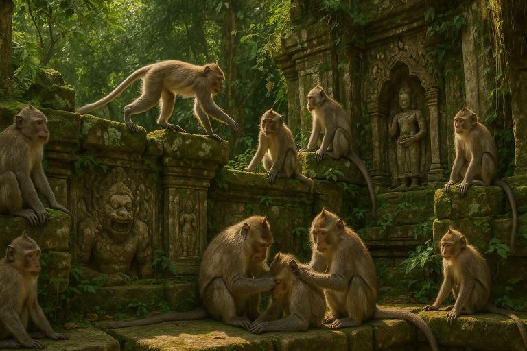 Monkeys sitting on crumbling temple walls