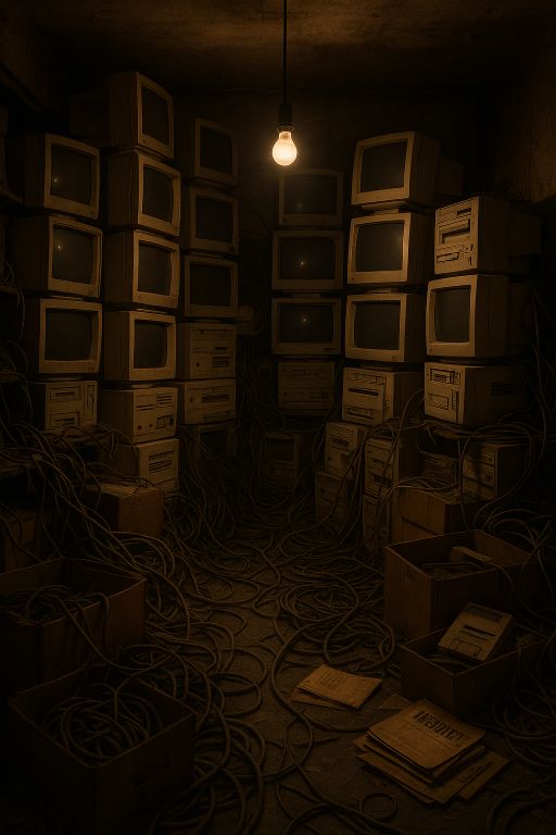 Dusty computer monitors piled in dark room