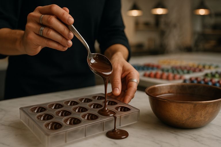 Hands pouring chocolate into delicate moulds