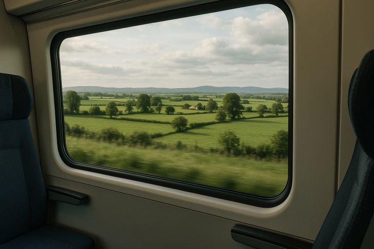 Countryside rolling past a train window