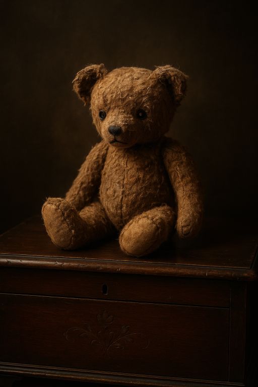 Worn teddy bear on wooden chest