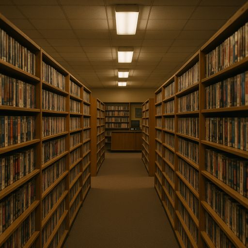 Shelves of tapes in old video shop