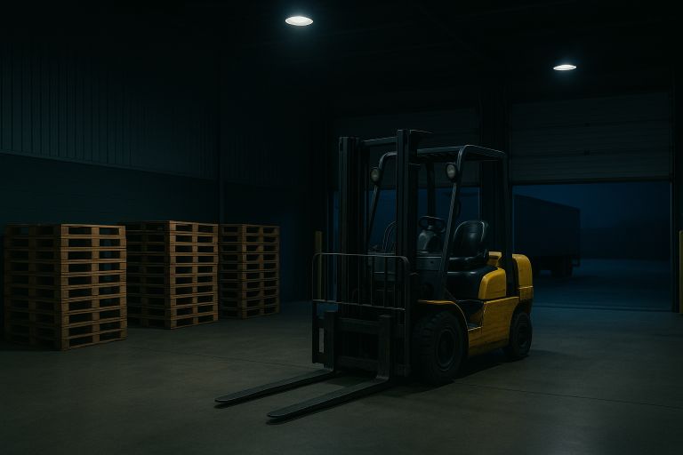 Forklift by pallets in dim light
