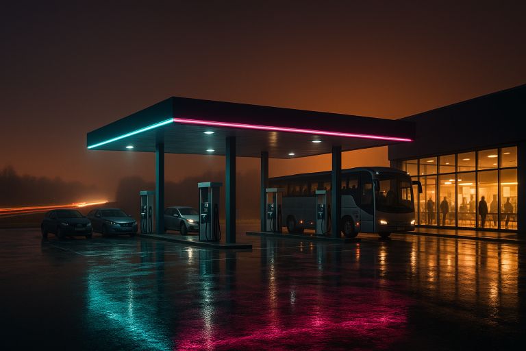 Neon lit service station at night