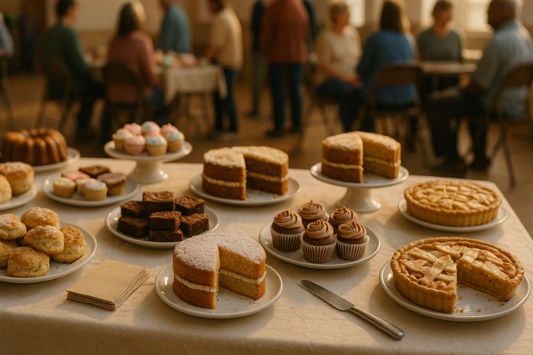 homemade cakes on crowded trestle table