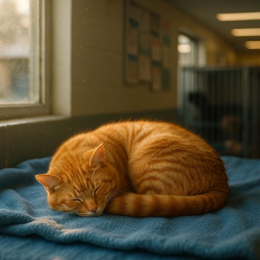 Ginger cat sleeping on a blue blanket