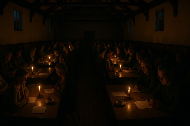 Candles flicker in quiet village hall