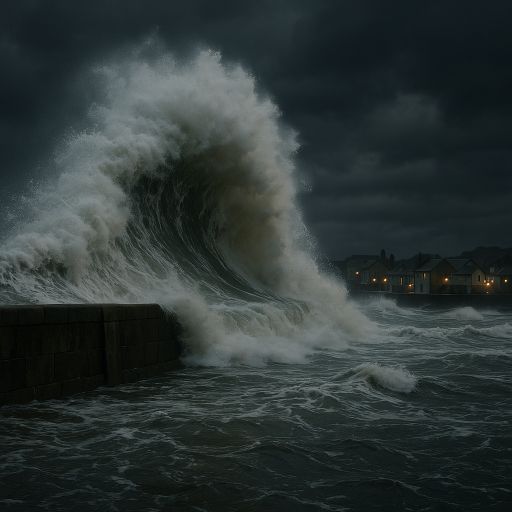 Huge waves crash over a sea wall