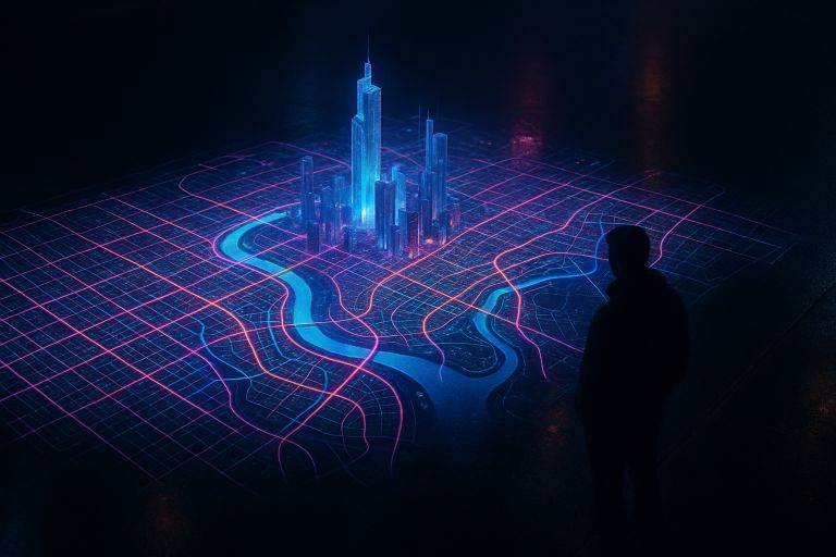 Glowing touchscreen map on a city pavement