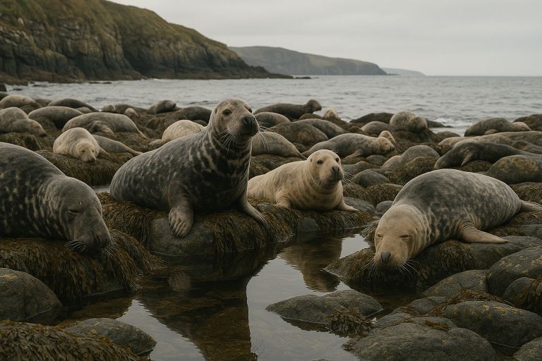 Grey seals resting on rocky shore