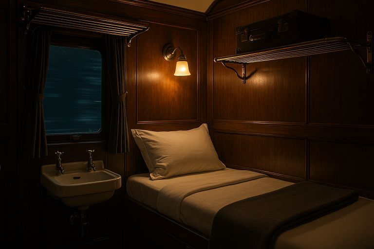 Wood-panelled sleeper cabin with lamplight