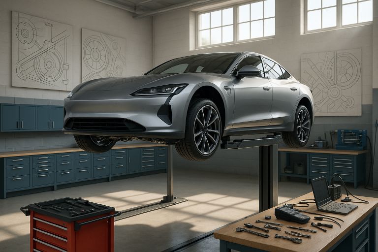 Car on a hydraulic lift in garage