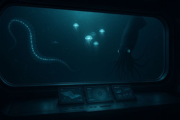 Deep sea creatures outside research station window