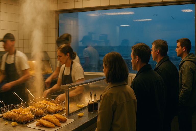 Steaming fryers behind salt-streaked counter