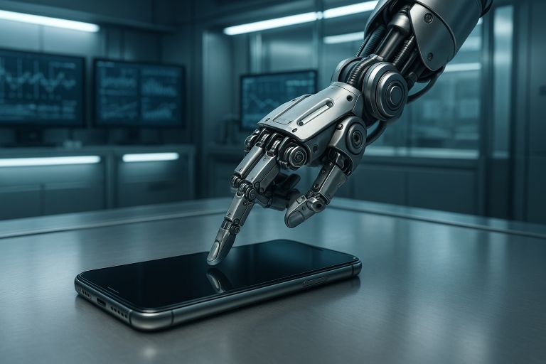 Robotic arm testing a smartphone screen