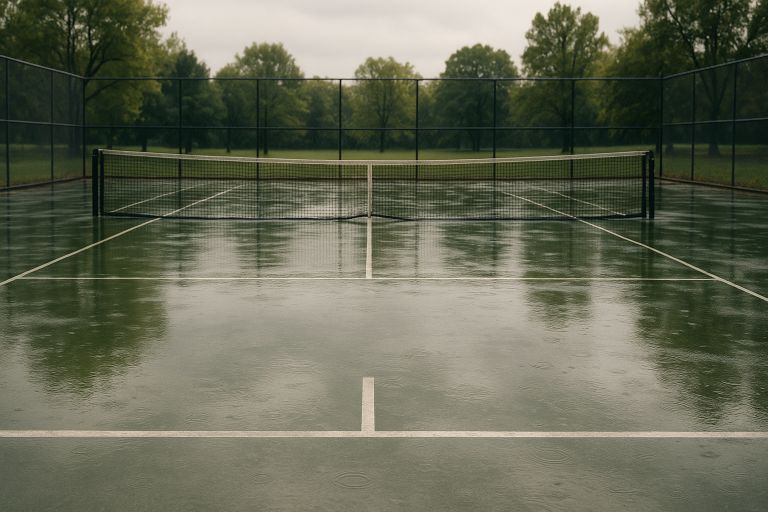 Rain puddles on empty tennis court