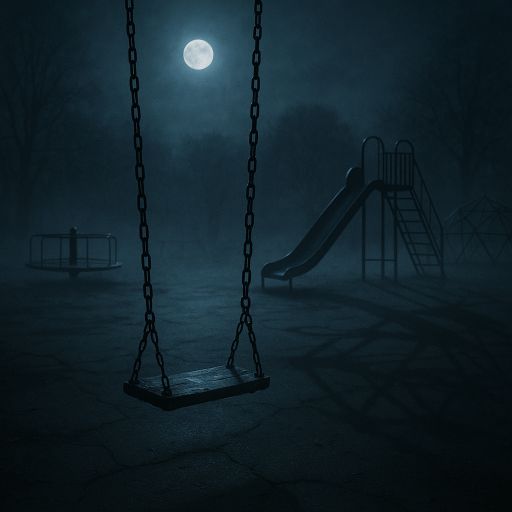 Lone swing moving in dark playground