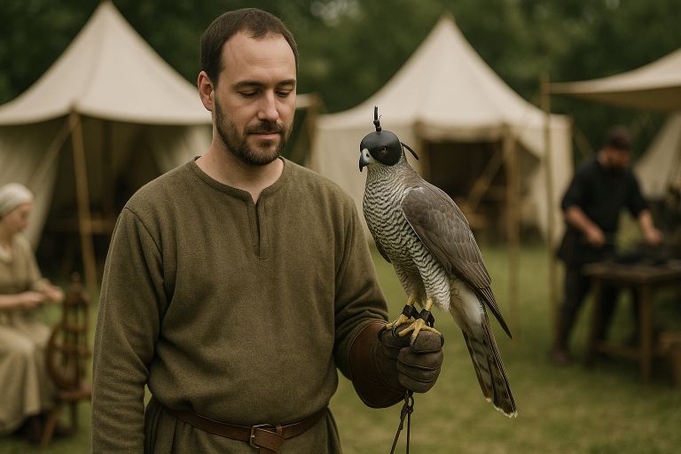Falconer with hawk on gloved hand