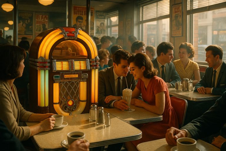 Jukebox glowing in a crowded cafe