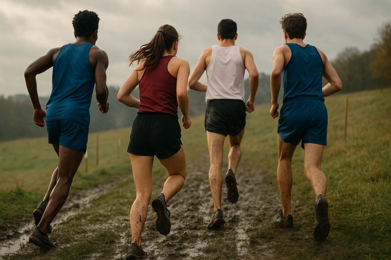Muddy cross country runners on hillside