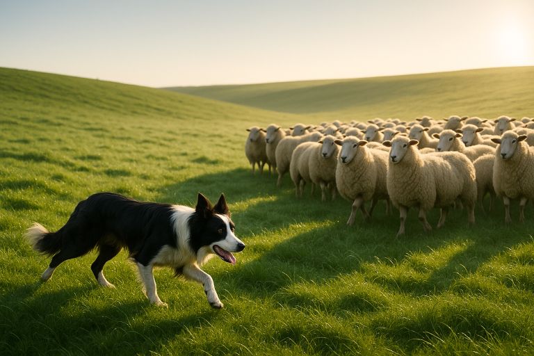 Sheepdog moving sheep across a field