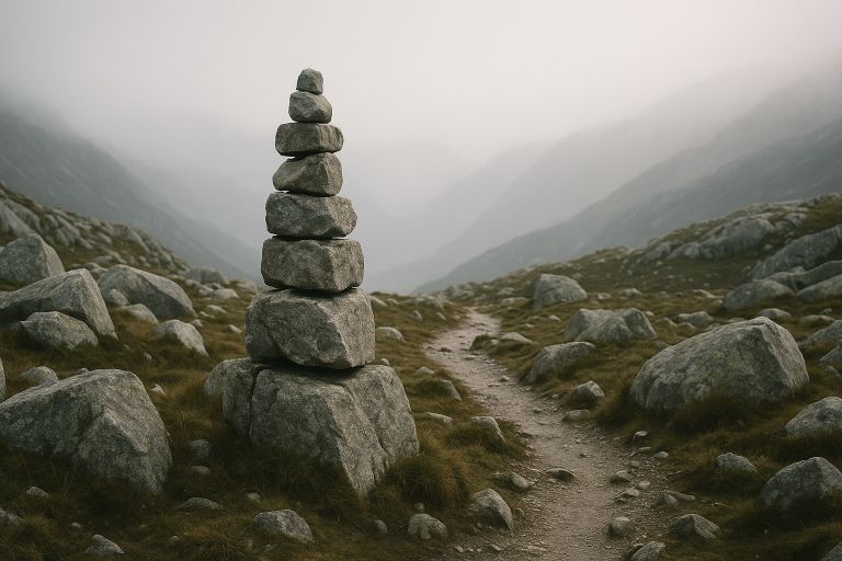 Stone cairn on misty mountain pass
