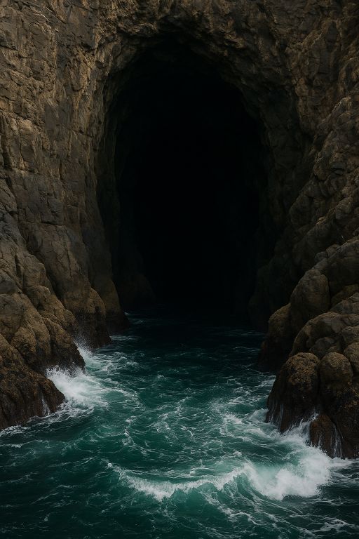 Dark sea cave entrance with waves
