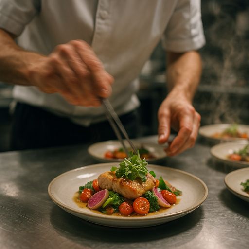 Chef garnishing a dish on steel counter