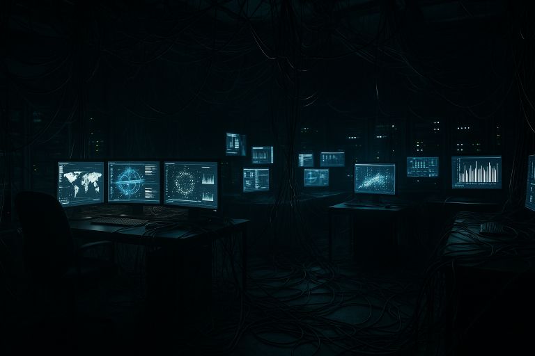 Tangled wires and screens in dark room