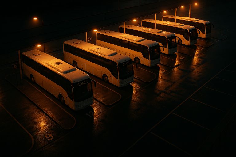 Coaches parked at bays under night lights