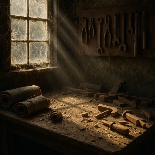 Tools hang over a dusty workbench
