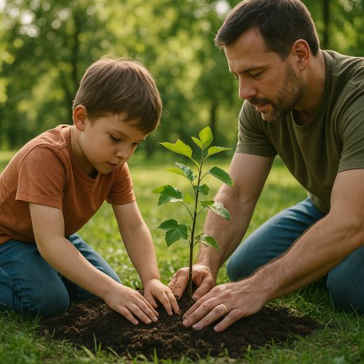 Child and adult planting a small tree