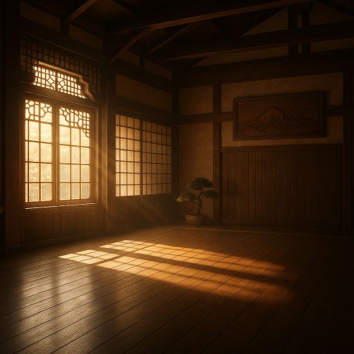 Sunlight streams into an empty dojo