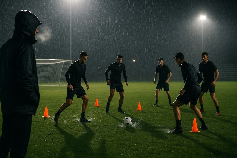 Rain lashes floodlit football practice