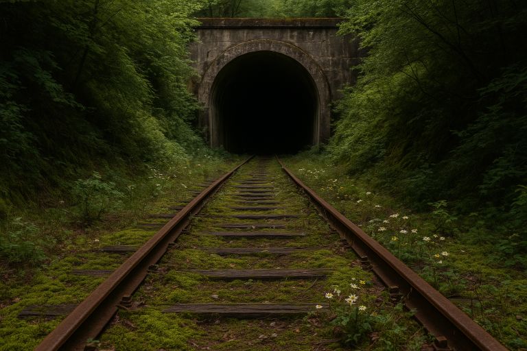 Overgrown railway tracks enter dark tunnel