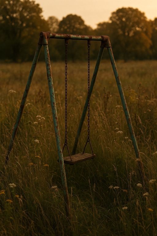 Lone swing set in overgrown field