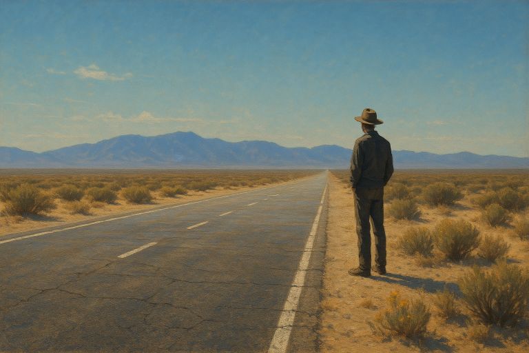 Empty road toward distant hazy mountains