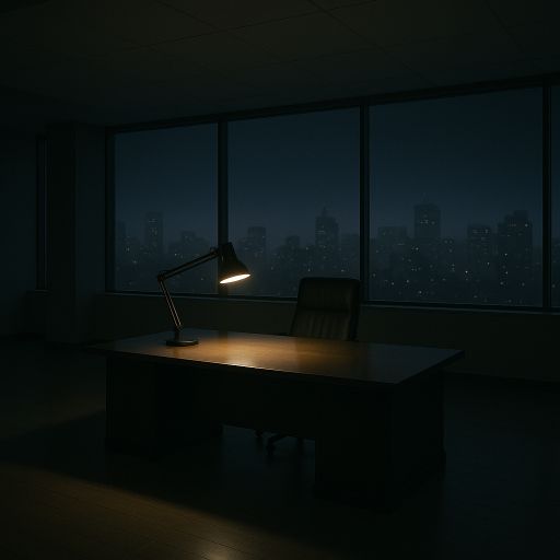 Desk lamp illuminates an empty office