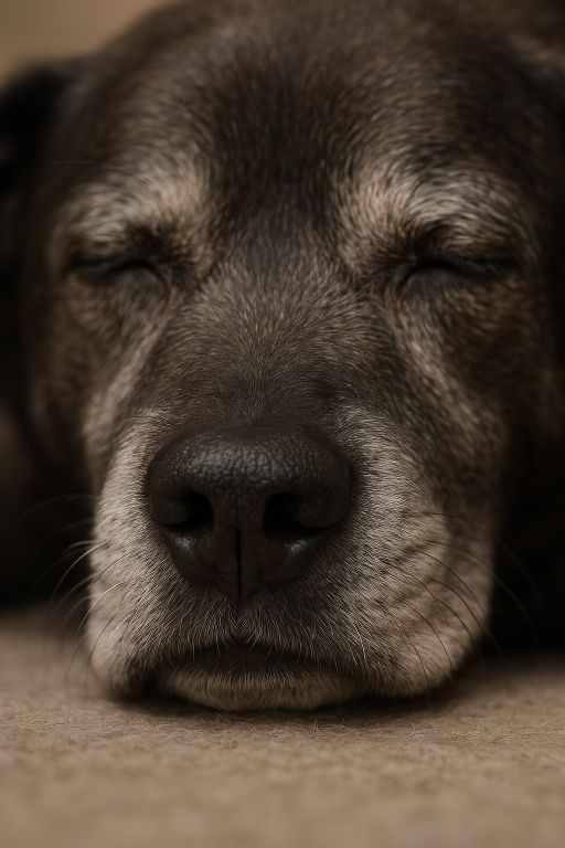 Grey muzzle of a sleeping old dog