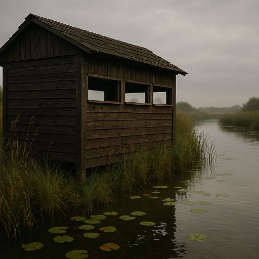 Wooden bird hide overlooking marshy water