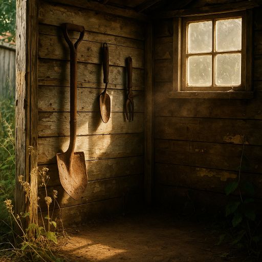 Rusted gardening tools hanging inside a shed