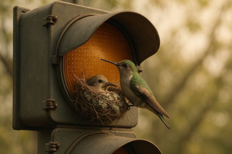 Bird nest built inside traffic light