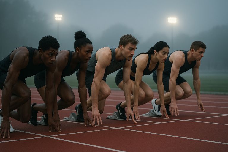 Runners poised on a starting line